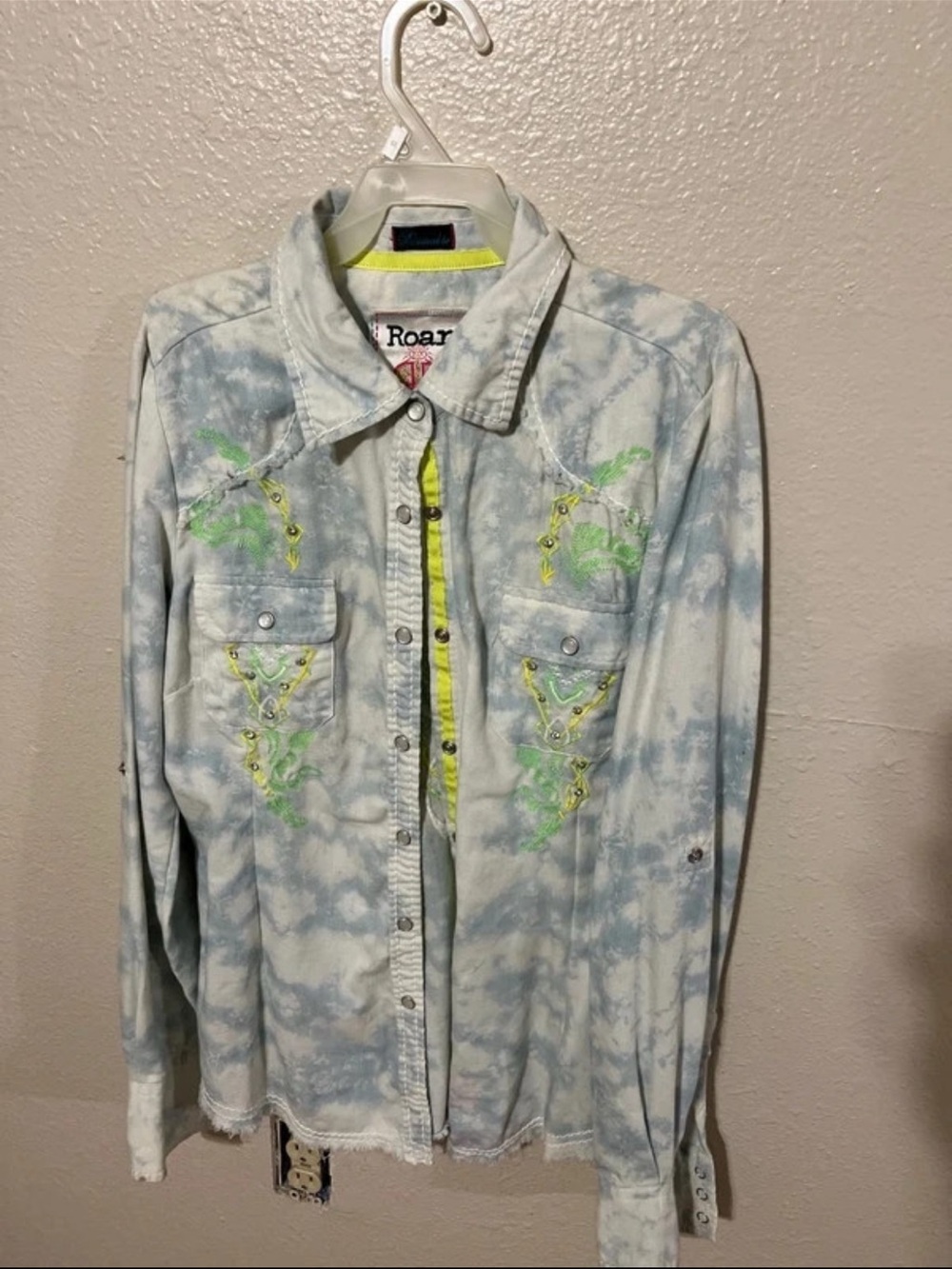 Roar Light Blue Tie-Dye Button-Down Shirt with Neon Green Embroidery